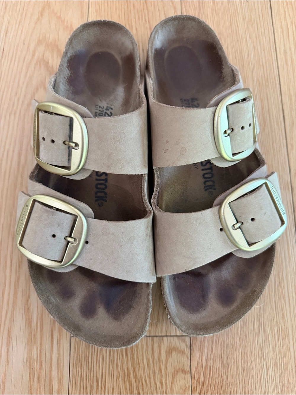 Birkenstock Women’s Arizona Suede Sandals in Light Beige with Gold Buckles